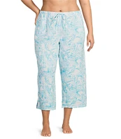 Nottibianche Plus Size Woven Double Cloth Palm Print Drawstring Tie Coordinating Cropped Sleep Pants