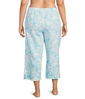 Nottibianche Plus Size Woven Double Cloth Palm Print Drawstring Tie Coordinating Cropped Sleep Pants