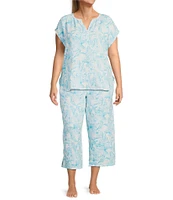 Nottibianche Plus Size Woven Double Cloth Palm Print Drawstring Tie Coordinating Cropped Sleep Pants