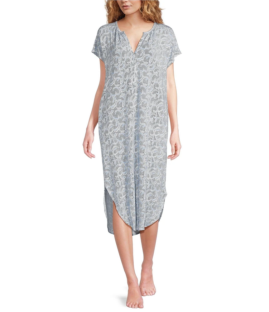 Nottibianche Scroll Print Cap Sleeve Split Round Neck Knit Caftan