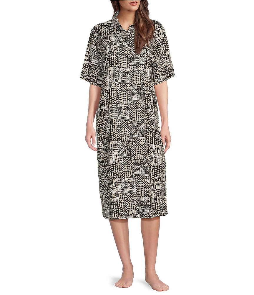 Nottibianche Short Sleeve Notch Collar Woven Linen Blend Geo Print Button-Front Caftan