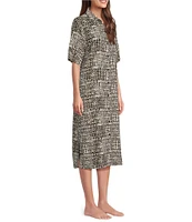 Nottibianche Short Sleeve Notch Collar Woven Linen Blend Geo Print Button-Front Caftan