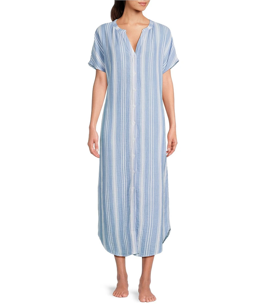 Nottibianche Short Sleeve Split Round Neck Button Front Striped Gauze Caftan