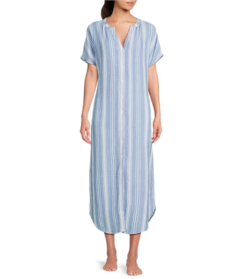 Nottibianche Short Sleeve Split Round Neck Button Front Striped Gauze Caftan