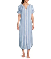 Nottibianche Short Sleeve Split Round Neck Button Front Striped Gauze Caftan