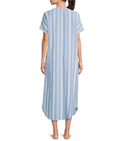 Nottibianche Short Sleeve Split Round Neck Button Front Striped Gauze Caftan