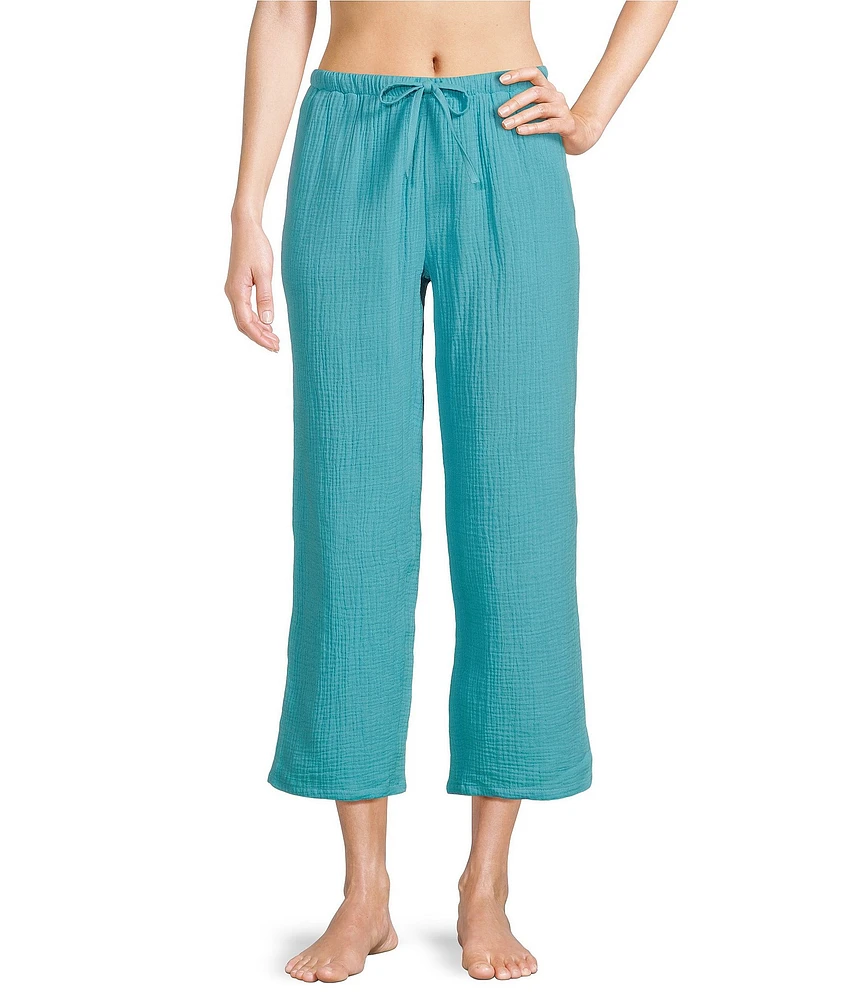 Nottibianche Solid Woven Double Cloth Drawstring Tie Coordinating Sleep Capri Pant