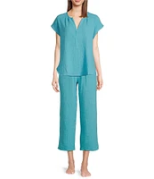 Nottibianche Solid Woven Double Cloth Drawstring Tie Coordinating Sleep Capri Pant