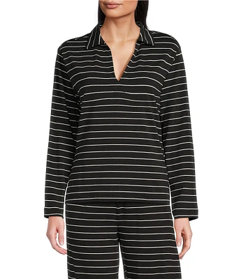 Nottibianche Stripe Print Long Sleeve Collared V-Neck Knit Coordinating Sleep Top