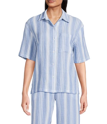 Nottibianche Striped Gauze Short Sleeve Notch Collar Button Front Coordinating Sleep Top