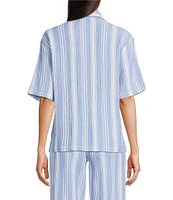 Nottibianche Striped Gauze Short Sleeve Notch Collar Button Front Coordinating Sleep Top