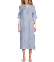 Nottibianche Striped Long Roll Tab Sleeve Split Round Neck Woven Caftan