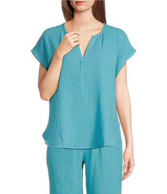 Nottibianche Woven Double Cloth Cap Sleeve Split Round Neck Coordinating Sleep Top