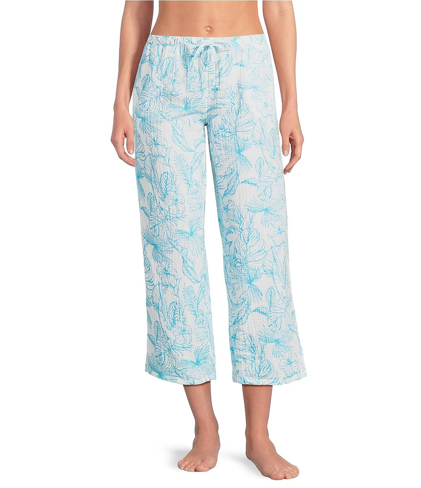 Nottibianche Woven Double Cloth Palm Print Drawstring Tie Coordinating Sleep Capri Pant