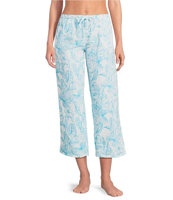 Nottibianche Woven Double Cloth Palm Print Drawstring Tie Coordinating Sleep Capri Pant