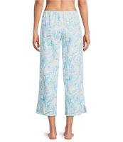 Nottibianche Woven Double Cloth Palm Print Drawstring Tie Coordinating Sleep Capri Pant
