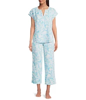 Nottibianche Woven Double Cloth Palm Print Drawstring Tie Coordinating Sleep Capri Pant