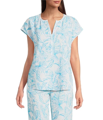Nottibianche Woven Double Cloth Tropical Palm Print Cap Sleeve Split Round Neck Coordinating Sleep Top