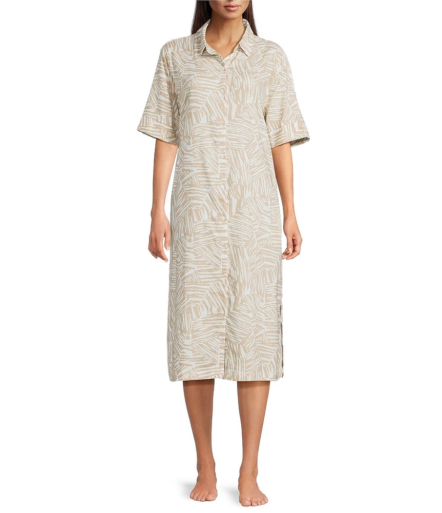 Nottibianche Woven Geo Animal Short Sleeve Notch Collar Button Front Caftan
