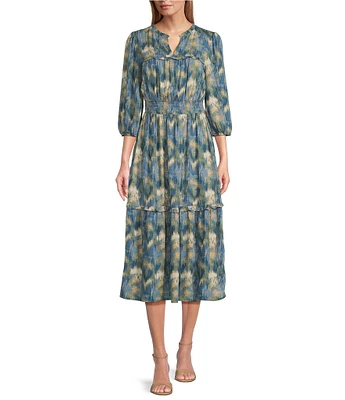 Nurture by Westbound Abstract Print 3/4 Sleeve Notch Neck Tiered Midi Dress