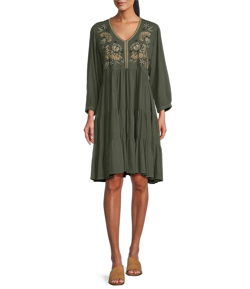 Nurture by Westbound Embroidered 3/4 Sleeve Tiered Dress