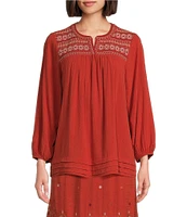 Nurture by Westbound Embroidered Split Round Neck 3/4 Sleeve Blouse