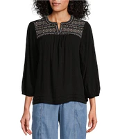 Nurture by Westbound Embroidered Split Round Neck 3/4 Sleeve Blouse