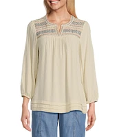 Nurture by Westbound Embroidered Split Round Neck 3/4 Sleeve Blouse