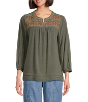 Nurture by Westbound Embroidered Split Round Neck 3/4 Sleeve Blouse