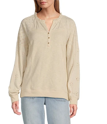 Nurture by Westbound Eyelet Sleeve Henley Neckline Knit Top