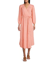 Nurture by Westbound Faux Wrap V-Neckline 3/4 Sleeve Belted Midi Dress