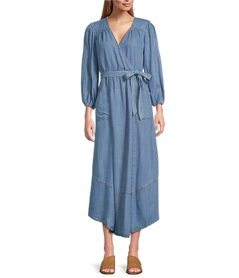 Nurture by Westbound Faux Wrap V-Neckline 3/4 Sleeve Belted Midi Dress