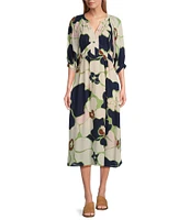 Nurture by Westbound Floral V-Neck 3/4 Sleeve Midi Dress