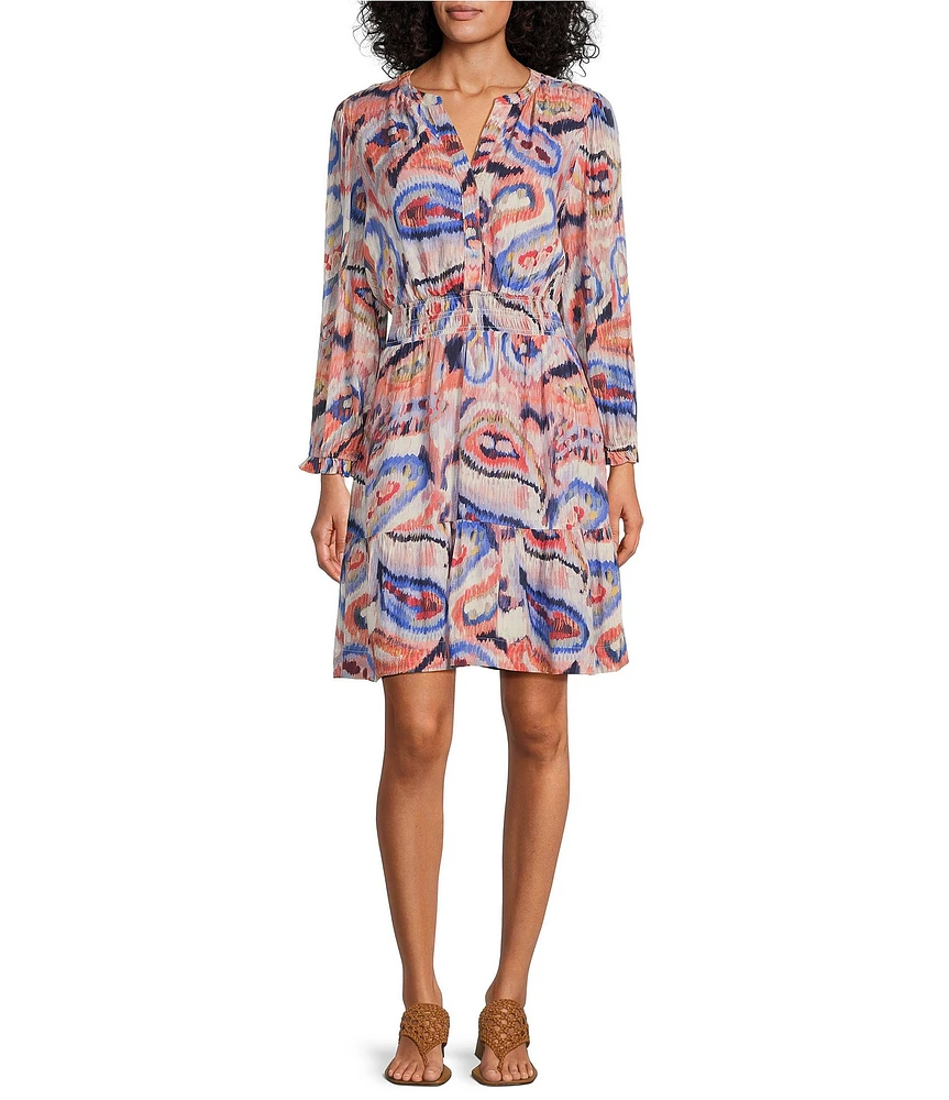 Nurture by Westbound Long Sleeve V-Neck Button Front Smocked Waist Dress