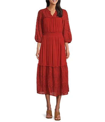 Nurture by Westbound Petite Size 3/4 Sleeve Notch Neck Tiered Midi Dress