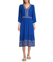 Nurture by Westbound Petite Size 3/4 Sleeve V-Neck Embroidered Midi Dress