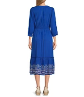 Nurture by Westbound Petite Size 3/4 Sleeve V-Neck Embroidered Midi Dress