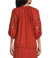 Nurture by Westbound Petite Size Embroidered Elbow Sleeve Coordinating Peasant Top