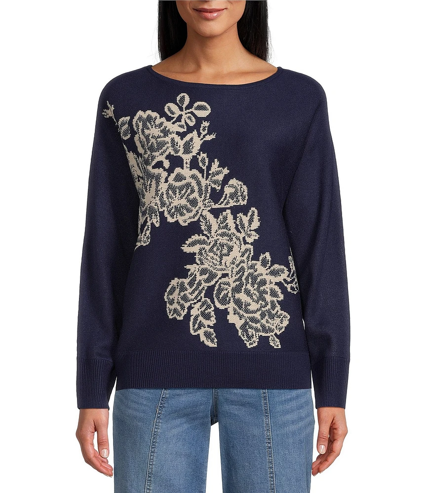 Nurture by Westbound Petite Size Floral Pattern Crew Neck Pullover Sweater