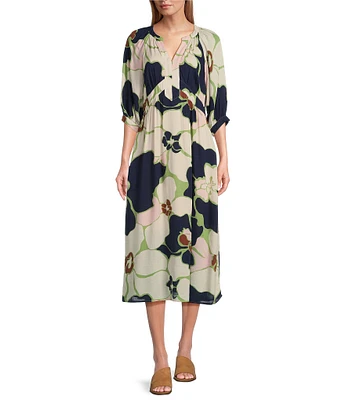 Nurture by Westbound Petite Size Floral V-Neck 3/4 Sleeve Midi Dress