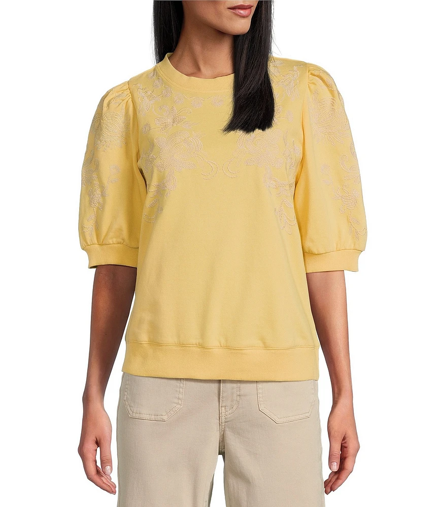 Nurture by Westbound Petite Size Knit Crew Neck Floral Embroidered Elbow Sleeve Top