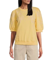 Nurture by Westbound Petite Size Knit Crew Neck Floral Embroidered Elbow Sleeve Top