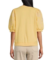 Nurture by Westbound Petite Size Knit Crew Neck Floral Embroidered Elbow Sleeve Top