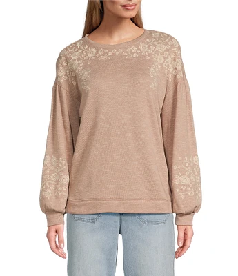 Nurture by Westbound Petite Size Knit Long Sleeve Crew Neck Embroidered Sweatshirt