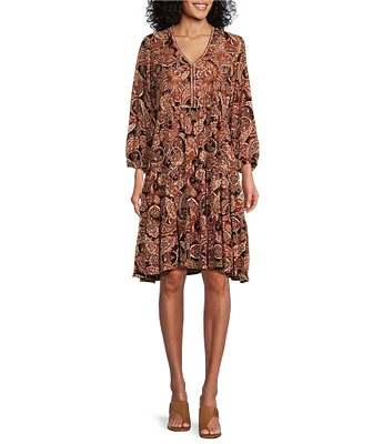 Nurture by Westbound Petite Size Spice Paisley Print Embroidered 3/4 Sleeve Tiered Dress