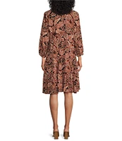 Nurture by Westbound Petite Size Spice Paisley Print Embroidered 3/4 Sleeve Tiered Dress