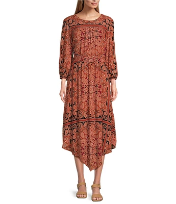 Nurture by Westbound Petite Size Spice Scarf Print 3/4 Sleeve Pointed Hem Midi Dress