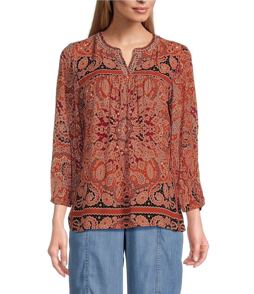 Nurture by Westbound Petite Size Spice Scarf Print 3/4 Sleeve V-Neck Top