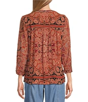 Nurture by Westbound Petite Size Spice Scarf Print 3/4 Sleeve V-Neck Top