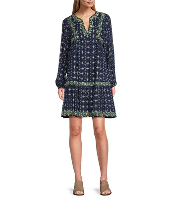 Nurture by Westbound Petite Size Split V-Neck Long Sleeve Embroidered Short Dress